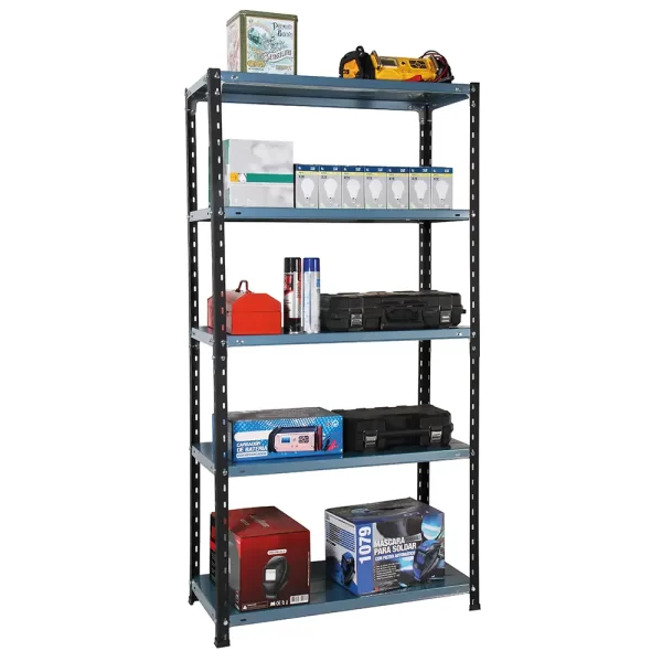 Metal Rack 5 estantes 0.42x0.9x1.78 celeste metalizado con objetos