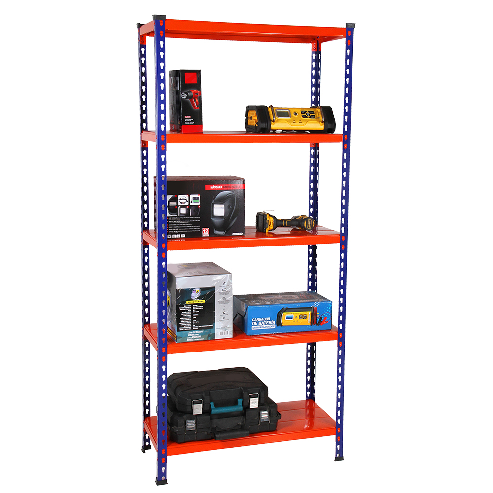 Mega Rack con 5 estantes metálicos azul y naranja con objetos